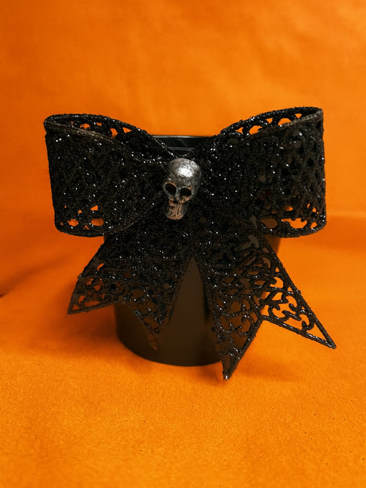 Spooky Glam Skull Pot Black Glitter Bow Halloween Planter